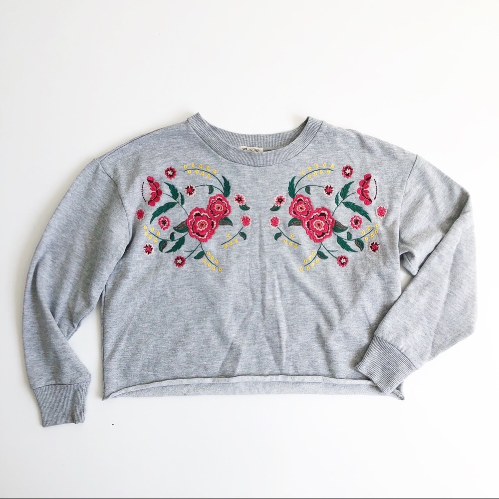 Urbanology Cropped Embroidered Floral Sweatshirt
